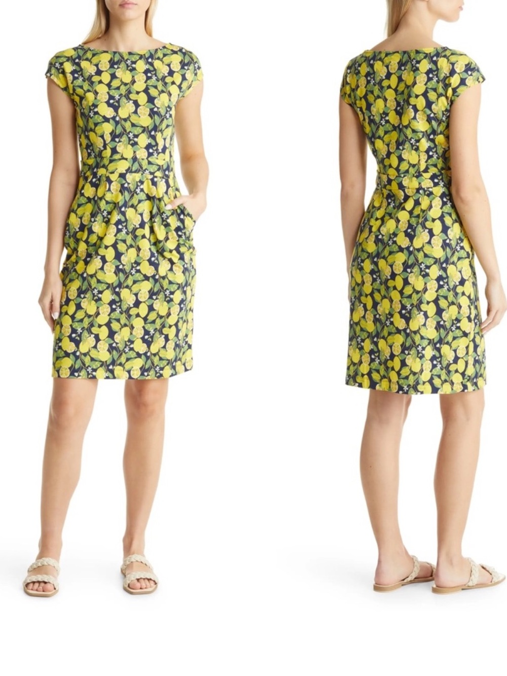 BODEN Florrie Floral Cotton Dress Navy Lemon Vine Print Size 10